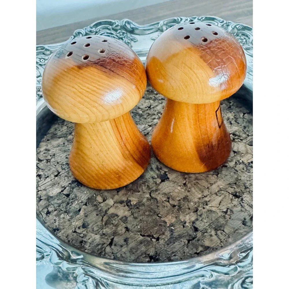 Vintage Mushroom Wood Salt and Pepper Shakers Set BrownGlossy Mid Century Rustic